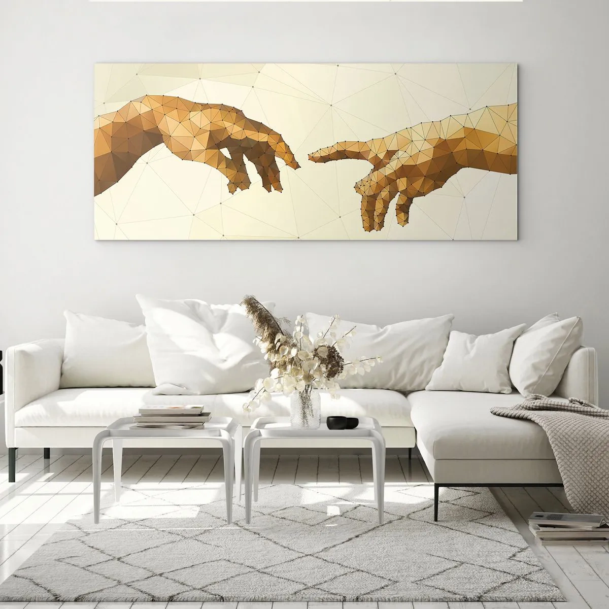 Glasbild - Bild auf glas - Geometrische Hände, die sich vor hellem Hintergrund nacheinander ausstrecken - 160x50cm - Göttliche Geometrie - Moderne Wanddekoration für Wohnzimmer und Schlafzimmer ARTTOR