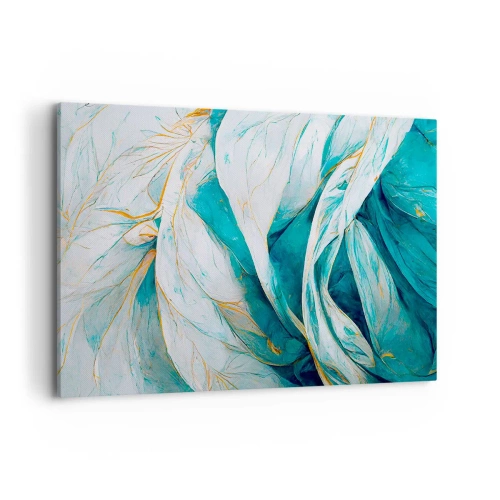 Bild auf Leinwand - Leinwandbild - Abstrakte blaue Blätter mit goldenen Details - 100x70cm - Blaue Abstraktion mit goldenem Motiv - Moderne Wanddekoration für Wohnzimmer und Schlafzimmer ARTTOR