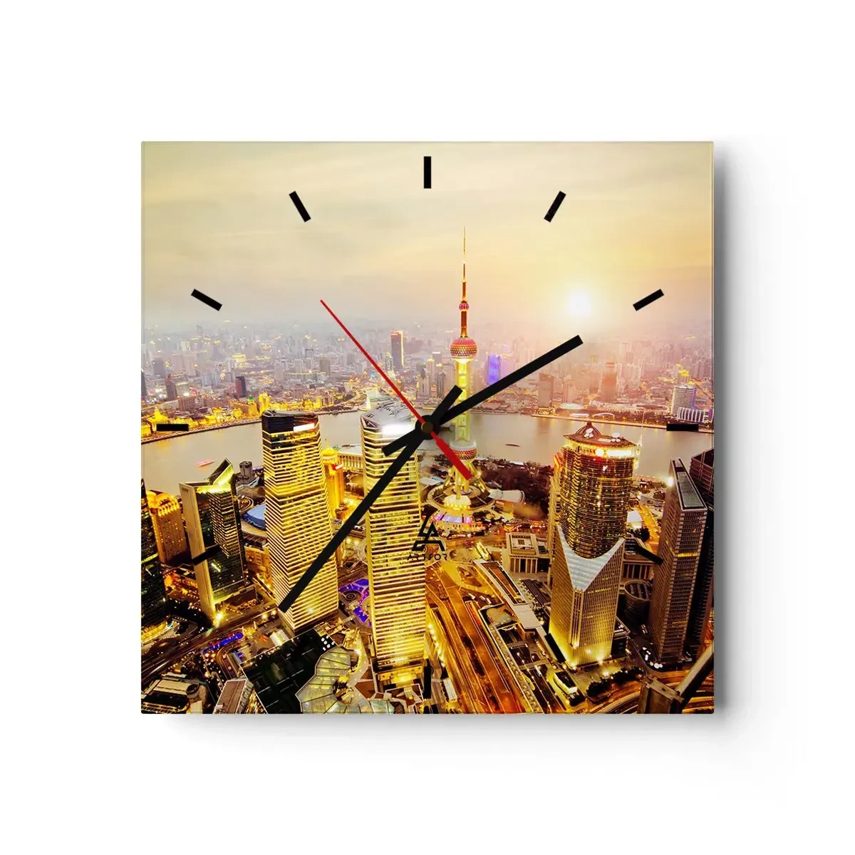 Wanduhr - Glasuhr - Stadtpanorama mit Wolkenkratzern bei Sonnenuntergang - 30x30cm - Asiatischer Traum - Moderne Wanddekoration für Wohnzimmer und Schlafzimmer ARTTOR