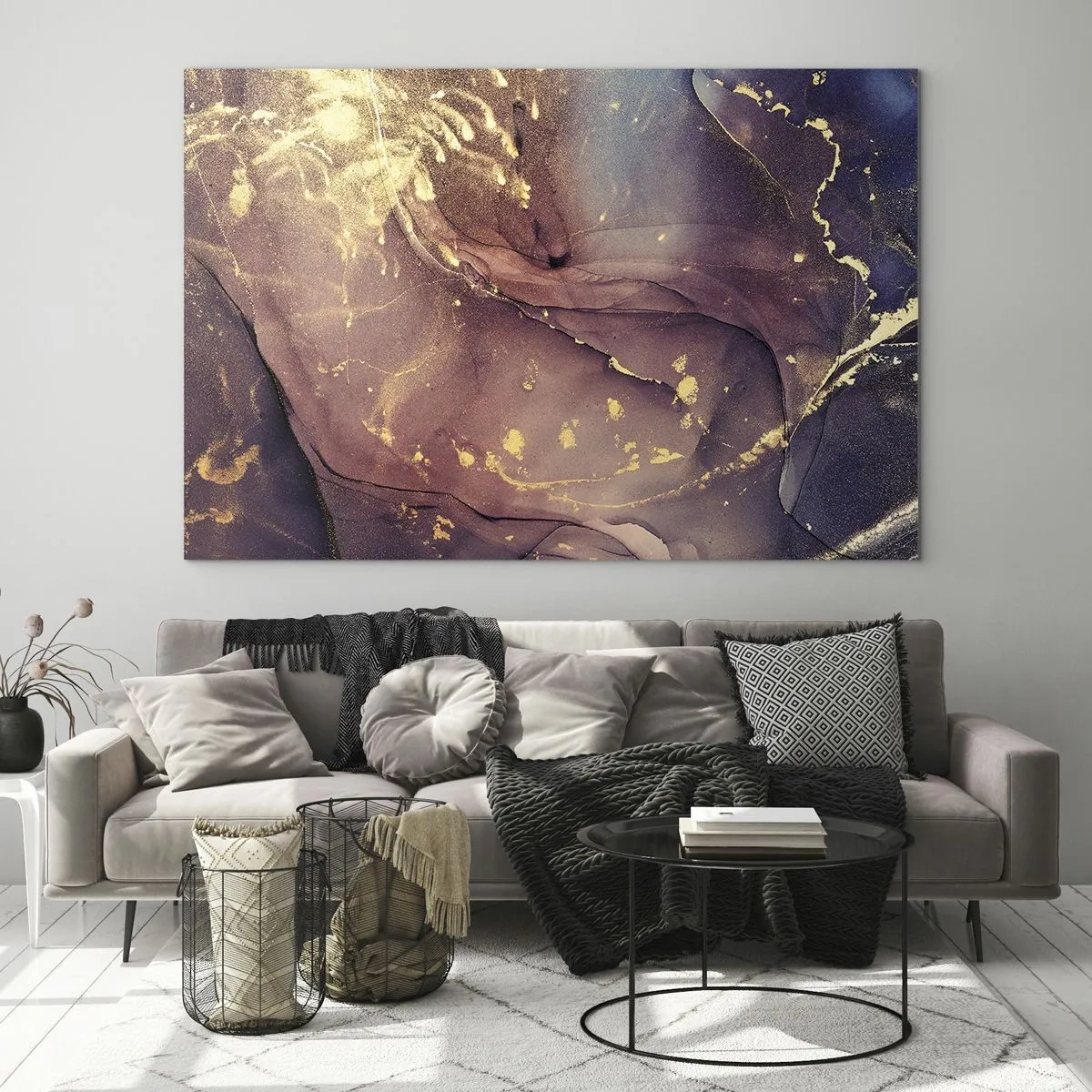 Glasbild - Bild auf glas - Eine abstrakte Komposition mit violetten und goldenen Punkten und Strukturen. - 70x50cm - Materie und Geist - Moderne Wanddekoration für Wohnzimmer und Schlafzimmer ARTTOR