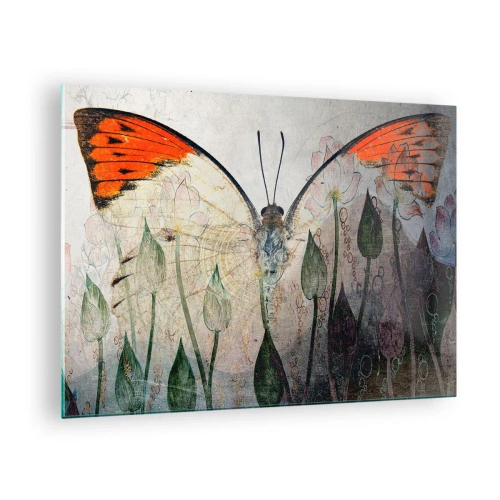 Glasbild - Bild auf glas - Ein kunstvoller Schmetterling, umgeben von zarten Blumen auf grauem Hintergrund. - 70x50cm - Wo schwingt der Schmetterling im Gras - Moderne Wanddekoration für Wohnzimmer und Schlafzimmer ARTTOR