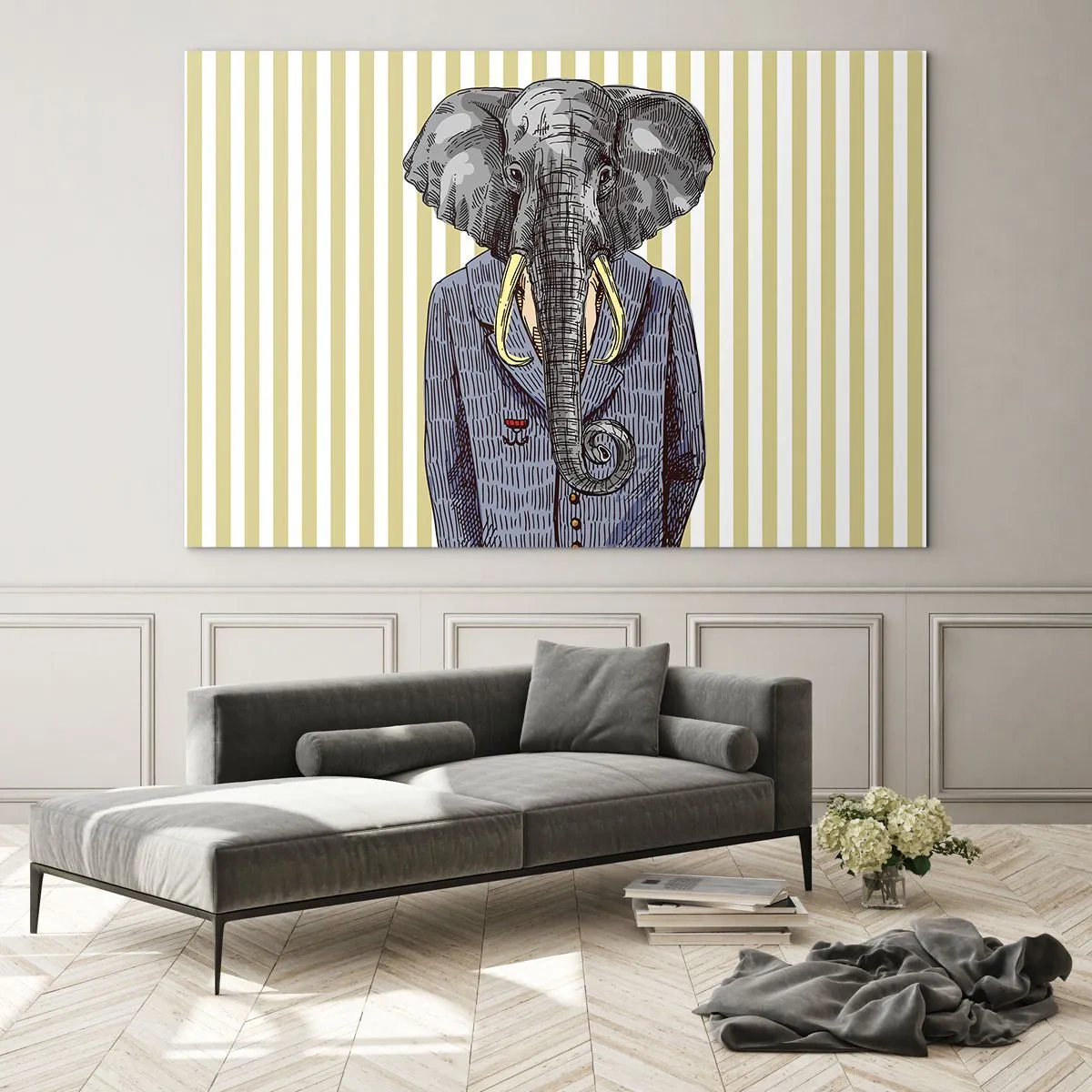 Glasbild - Bild auf glas - Ein Elefant im Anzug vor einem Hintergrund aus gelben Streifen - 100x70cm - Von Natur aus elegant - Moderne Wanddekoration für Wohnzimmer und Schlafzimmer ARTTOR