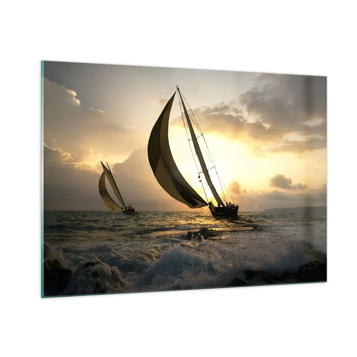 Glasbild - Bild auf glas - Segelboote in stürmischer See bei Sonnenuntergang - 100x70cm - Mit dem Wind und gegen den Wind - Moderne Wanddekoration für Wohnzimmer und Schlafzimmer ARTTOR