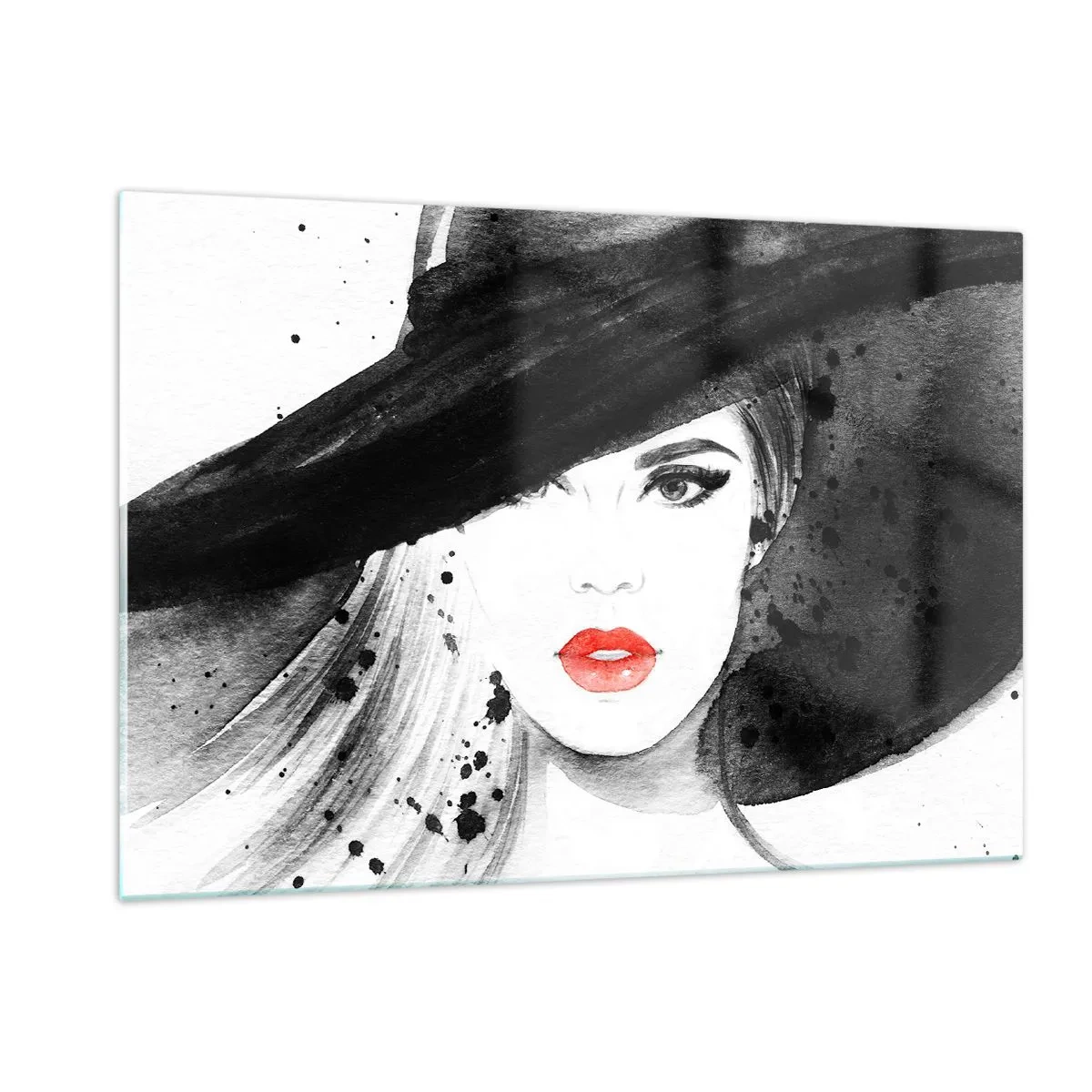 Glasbild - Bild auf glas - Porträt einer Frau mit schwarzem Hut und roten Lippen - 120x80cm - Frau in schwarz - Moderne Wanddekoration für Wohnzimmer und Schlafzimmer ARTTOR