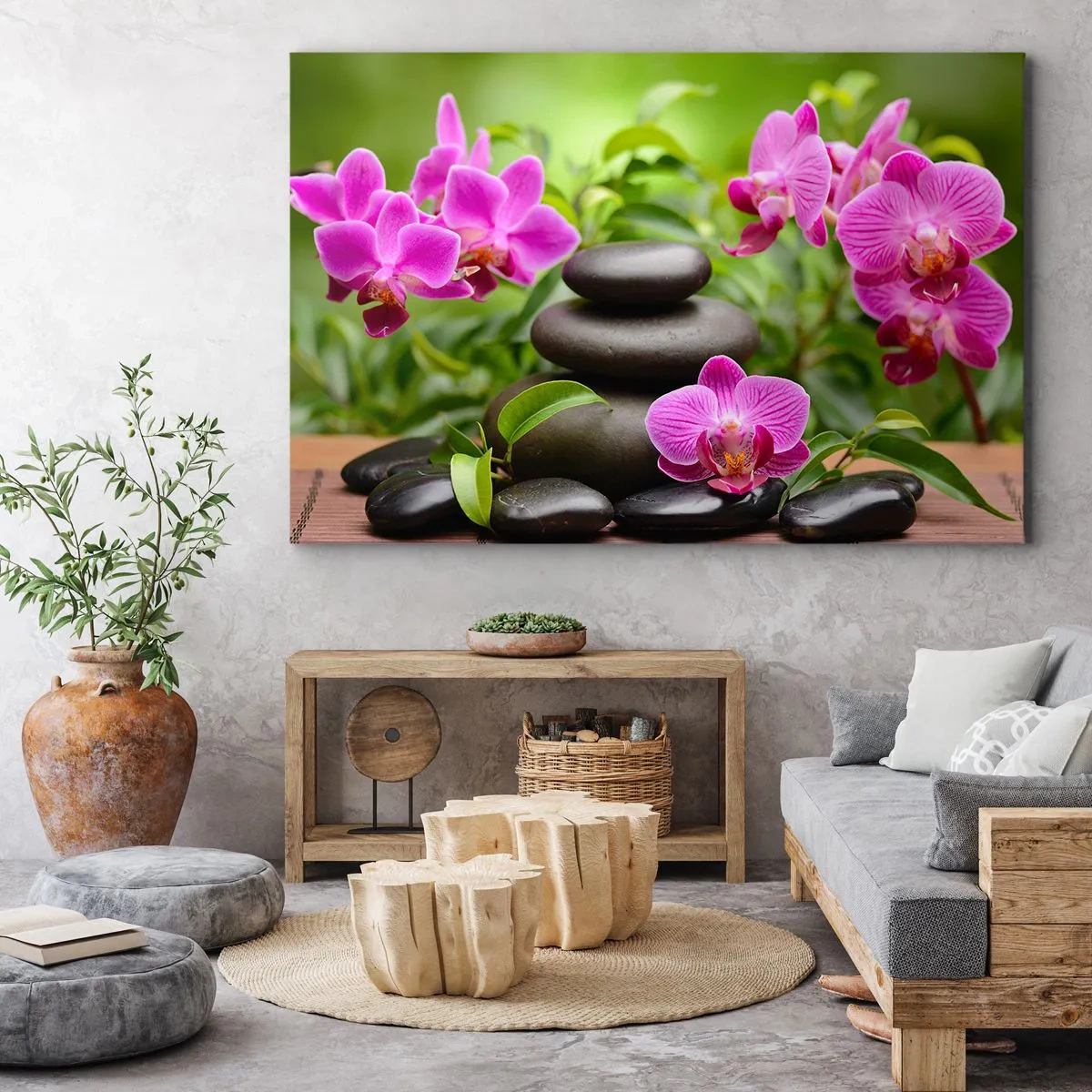 Bild auf Leinwand - Leinwandbild - Rosa Orchideen mit Steinen auf grünem Hintergrund - 120x80cm - Die Pyramide des Friedens - Moderne Wanddekoration für Wohnzimmer und Schlafzimmer ARTTOR