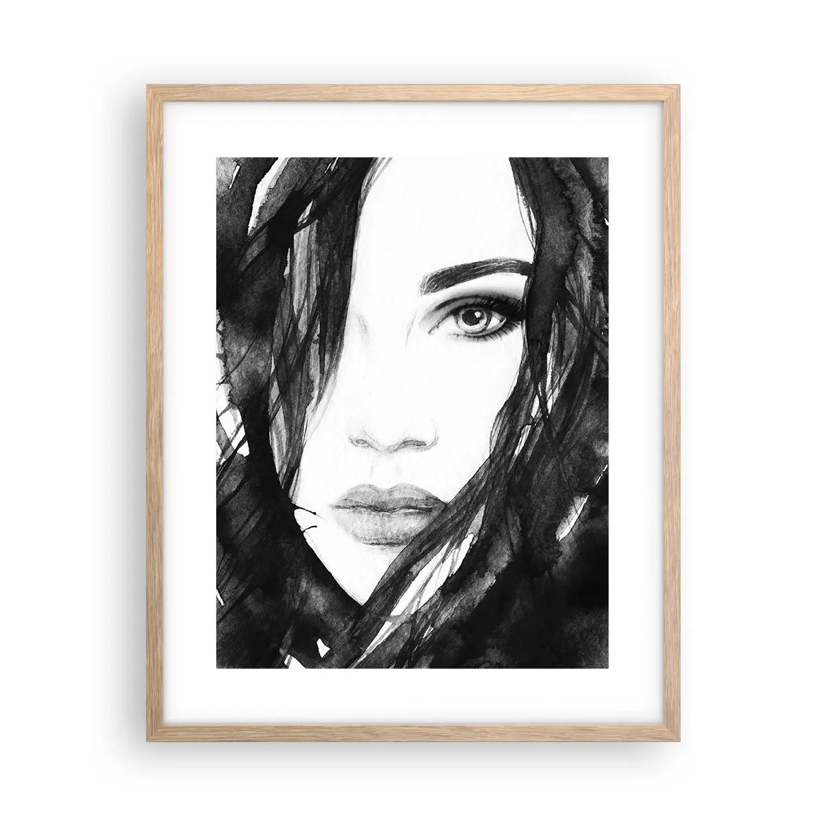 Poster in einem Rahmen aus heller Eiche - Porträt einer Dame in Schwarzweiß - 40x50 cm