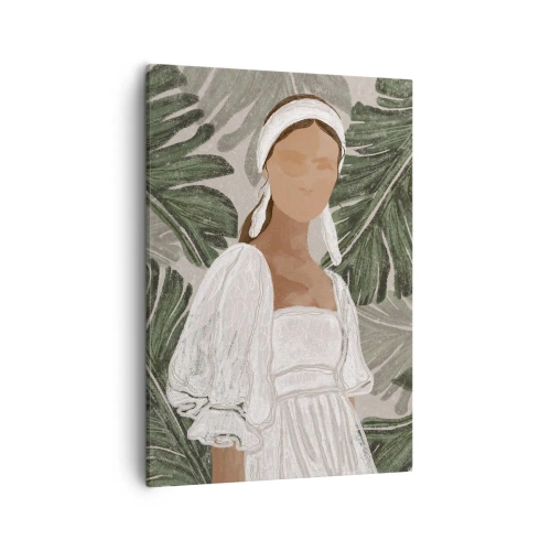 Bild auf Leinwand - Leinwandbild - Porträt einer Frau in einem weißen Kleid vor einem Hintergrund aus Monstera-Blättern - 50x70cm - Exotisches Porträt - Moderne Wanddekoration für Wohnzimmer und Schlafzimmer ARTTOR