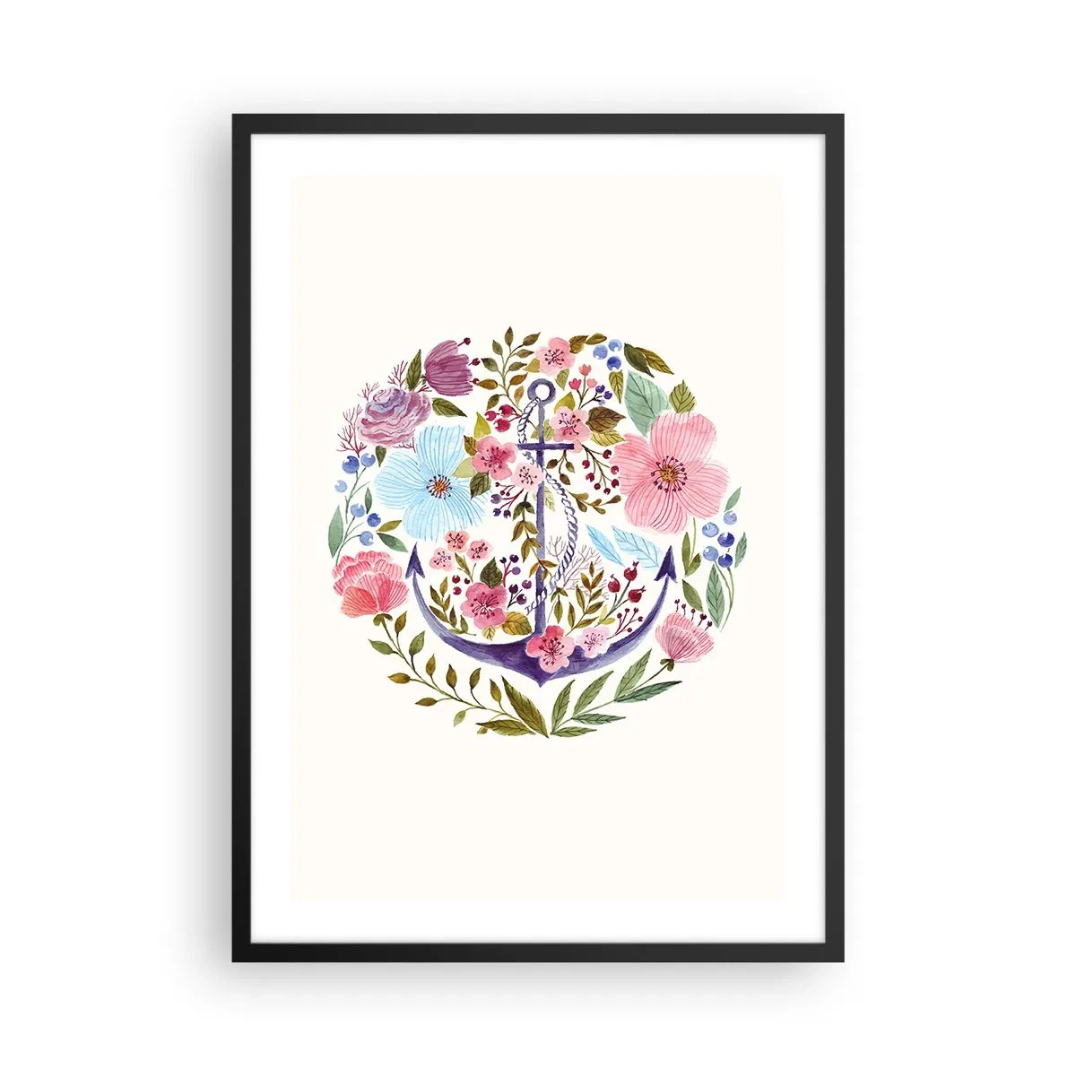 Poster in einem schwarzem Rahmen - Ein Aquarellanker, umgeben von Blumen auf hellem Hintergrund. - 50x70cm - Guter Traum eines Seemanns - Moderne Wanddekoration für Wohnzimmer und Schlafzimmer ARTTOR