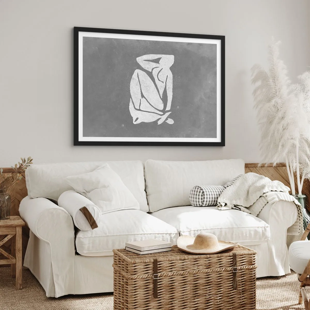 Poster in einem schwarzem Rahmen - Eine minimalistische Silhouettenzeichnung auf grauem Hintergrund - 70x50cm - In Gedanken versunken - Moderne Wanddekoration für Wohnzimmer und Schlafzimmer ARTTOR