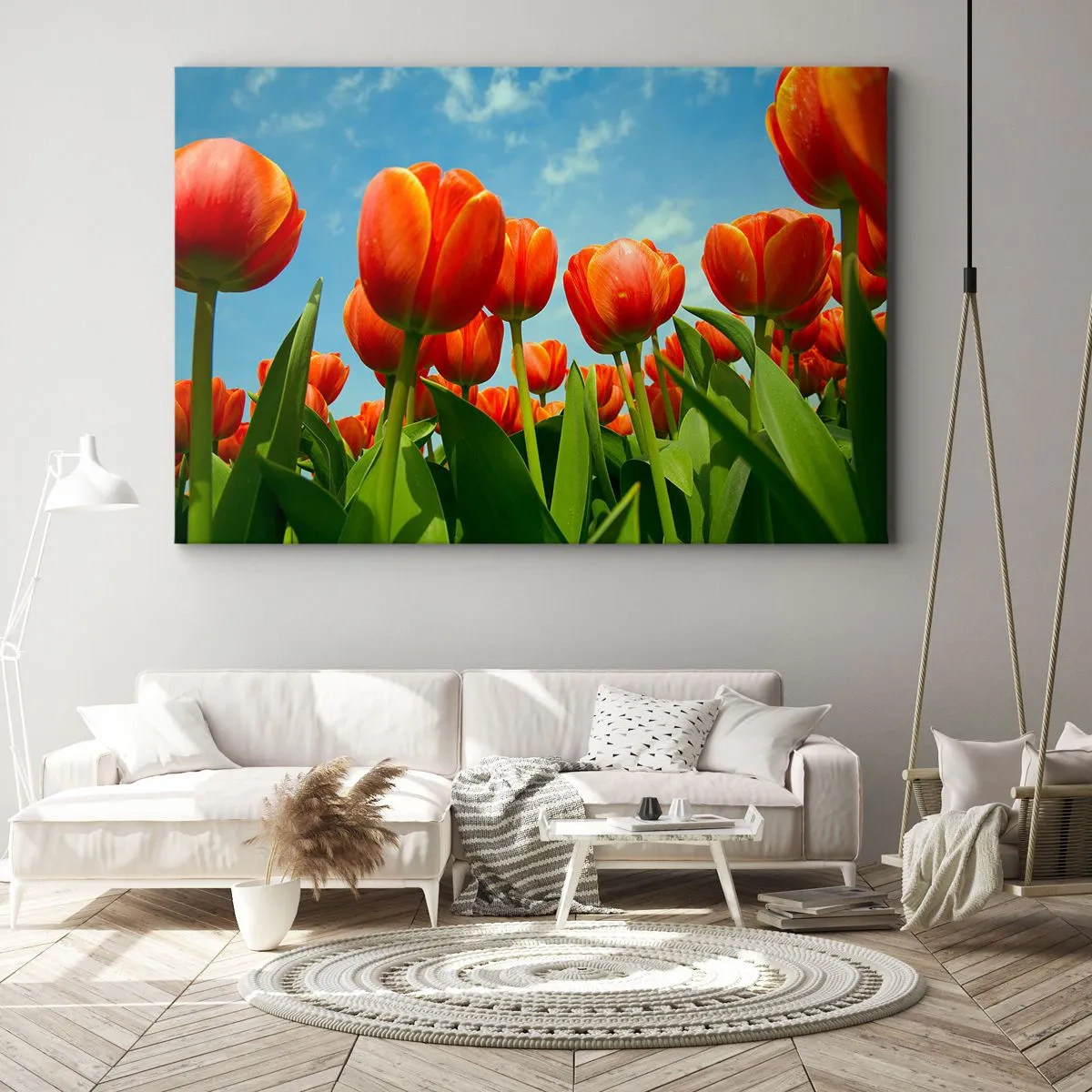 Bild auf Leinwand - Leinwandbild - Ein Feld mit roten und orangefarbenen Tulpen vor blauem Himmel - 120x80cm - Außer dem blauen Himmel brauchen sie nichts in ihrem Leben - Moderne Wanddekoration für Wohnzimmer und Schlafzimmer ARTTOR