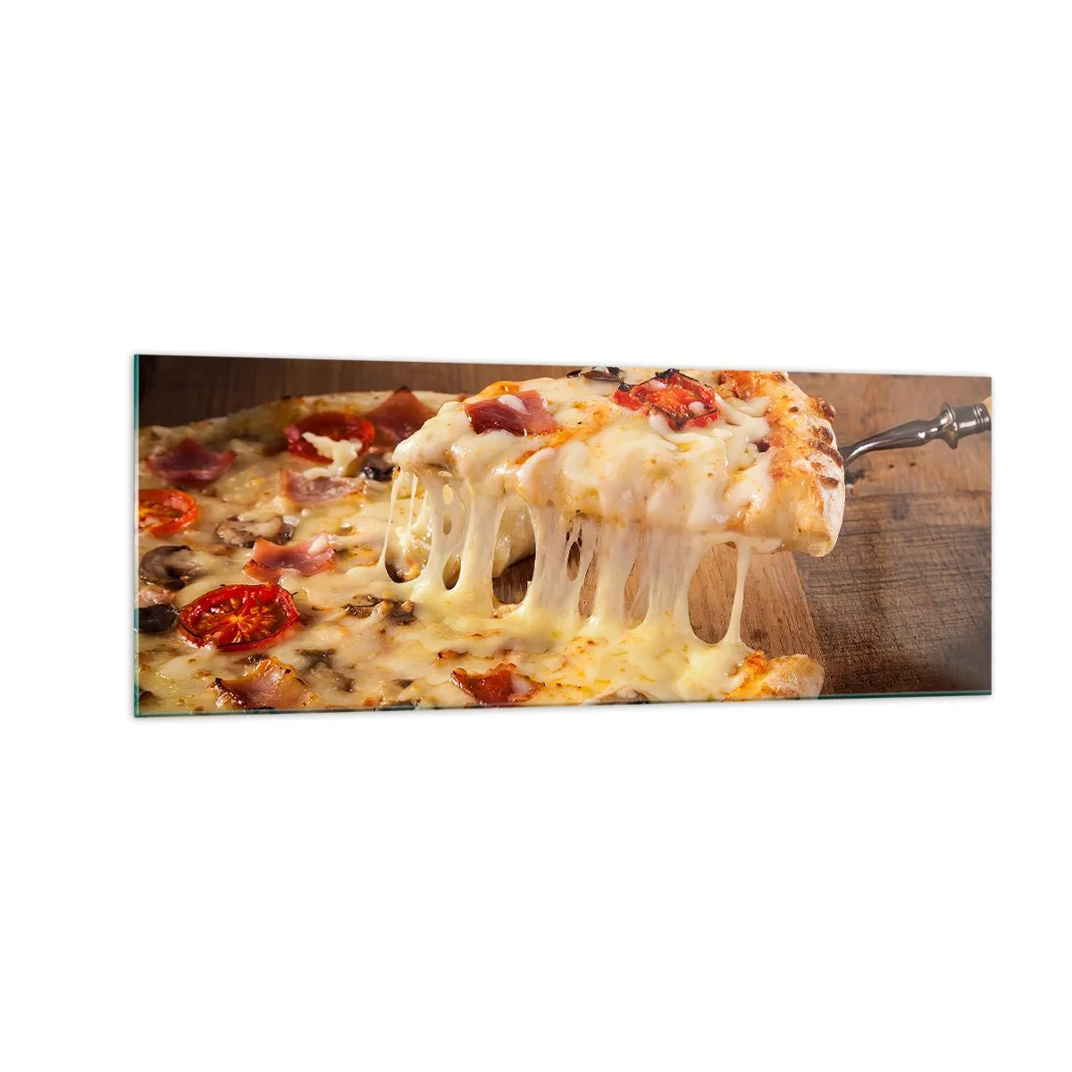 Glasbild - Bild auf glas - Pizza mit faserigem Käse - 140x50cm - Ein Meisterwerk der italienischen Kunst - Moderne Wanddekoration für Wohnzimmer und Schlafzimmer ARTTOR