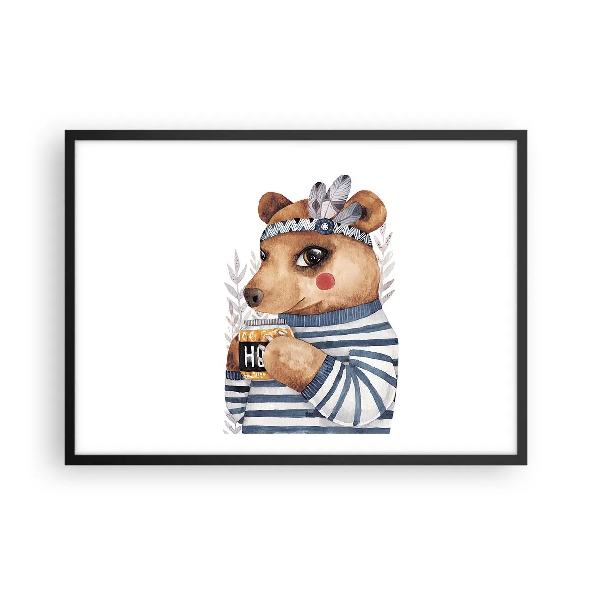 Poster in einem schwarzem Rahmen - Ein Teddybär im gestreiften Pullover mit einer Tasse Honig - 70x50cm - Süße Bärin - Moderne Wanddekoration für Wohnzimmer und Schlafzimmer ARTTOR