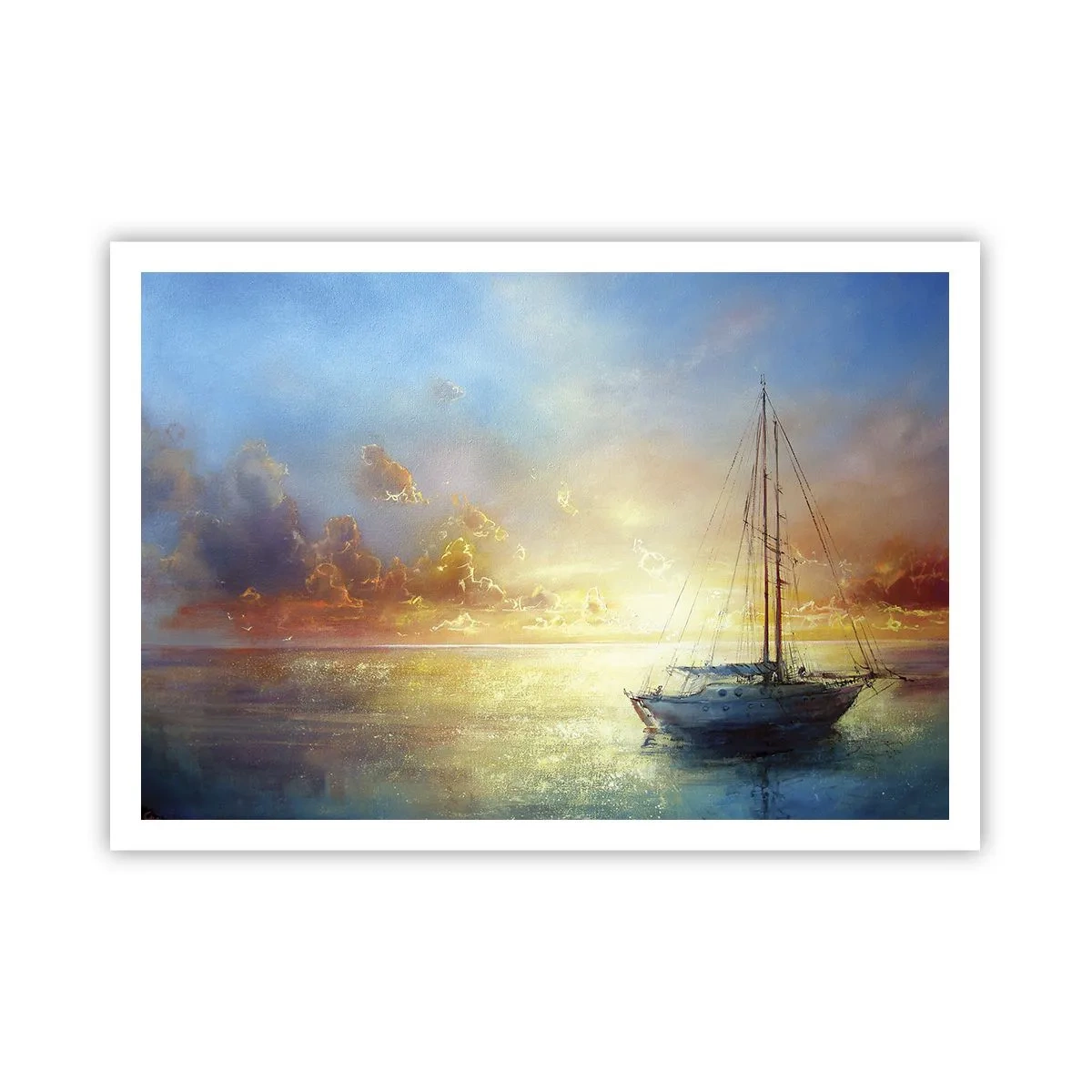 Poster - Eine Yacht auf ruhigem Meer bei Sonnenuntergang - 100x70cm - In einer goldenen Bucht - Moderne Wanddekoration für Wohnzimmer und Schlafzimmer ARTTOR