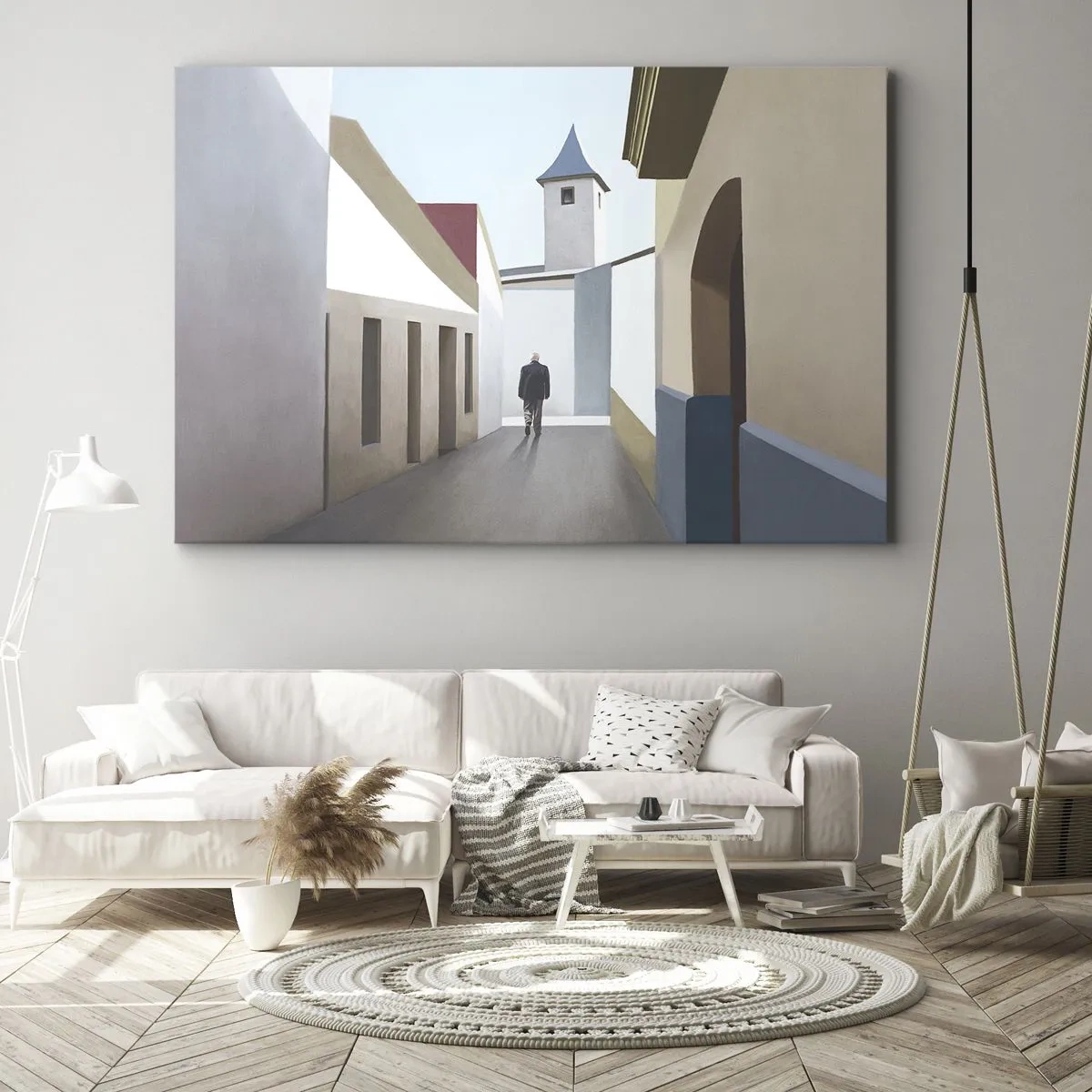 Bild auf Leinwand - Leinwandbild - Eine minimalistische Straße mit der Silhouette eines Mannes im Hintergrund - 100x70cm - Sonniger Spaziergang - Moderne Wanddekoration für Wohnzimmer und Schlafzimmer ARTTOR