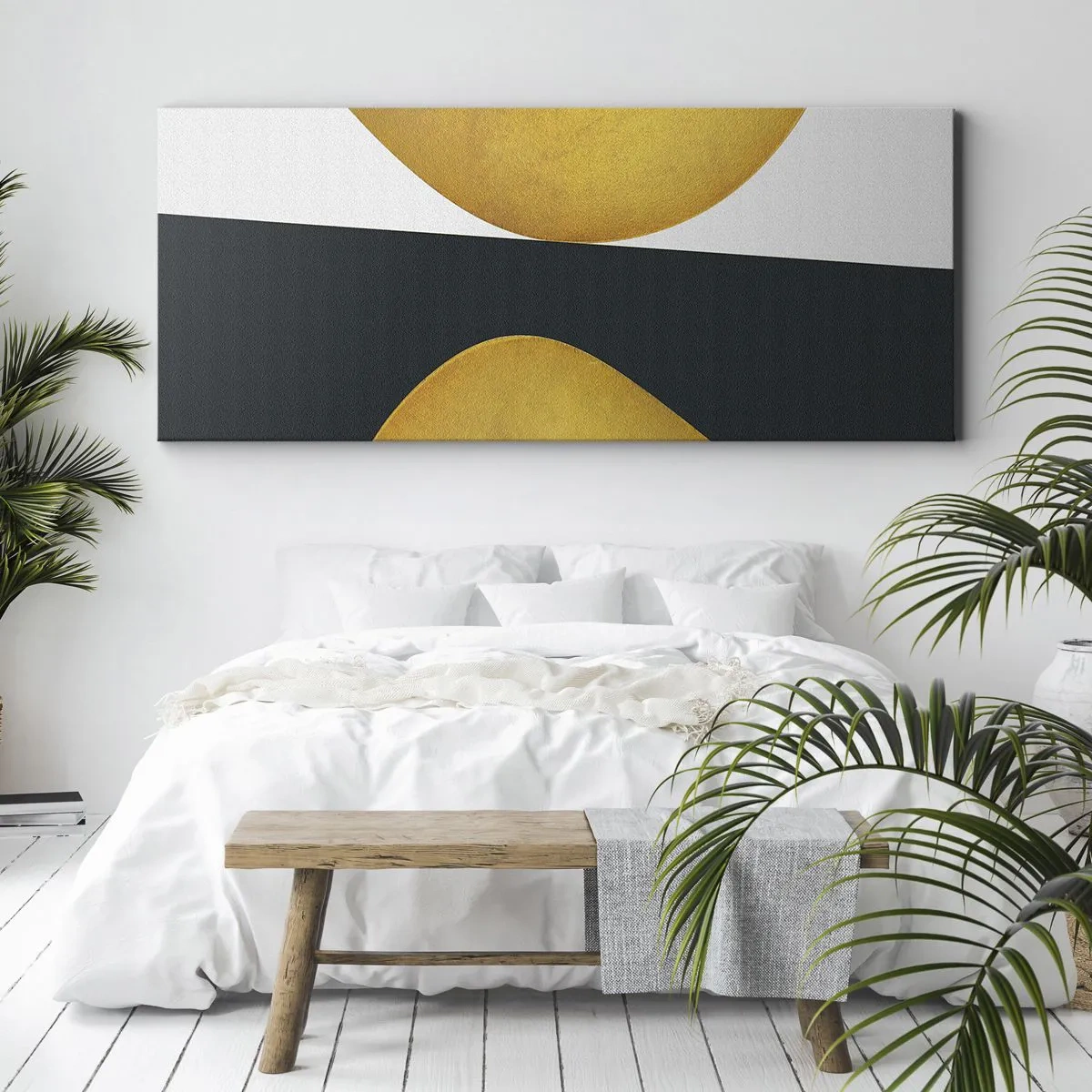 Bild auf Leinwand - Leinwandbild - Geometrische Formen in Gold auf weißem und dunklem Hintergrund - 160x50cm - Erstens: Gold - Moderne Wanddekoration für Wohnzimmer und Schlafzimmer ARTTOR