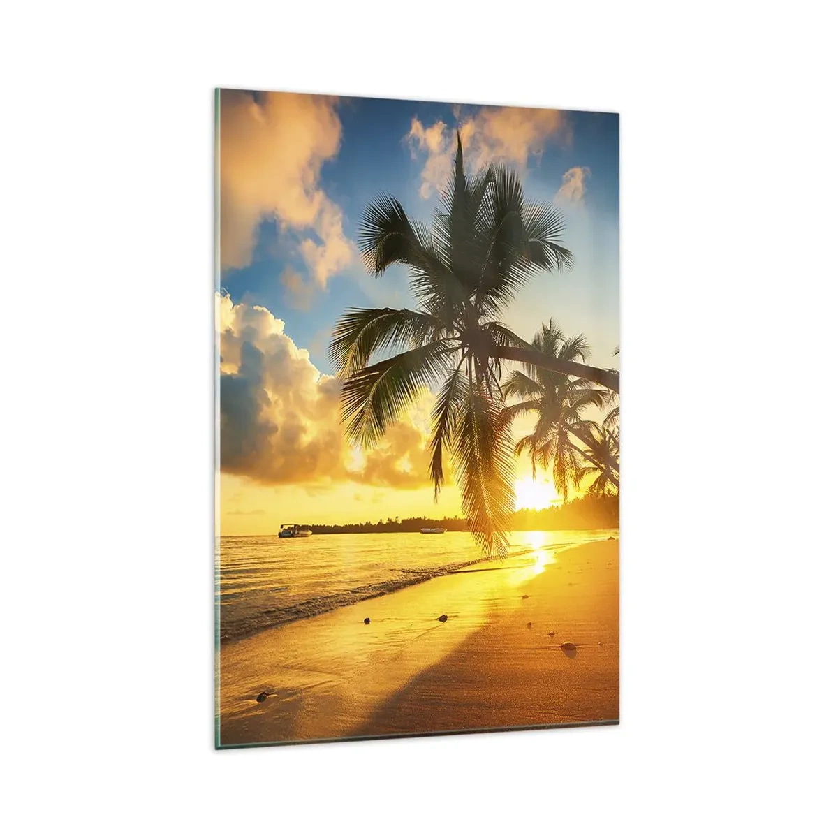 Glasbild - Bild auf glas - Sonnenuntergang am Strand mit Palmen an der Küste - 80x120cm - Karibischer Traum - Moderne Wanddekoration für Wohnzimmer und Schlafzimmer ARTTOR