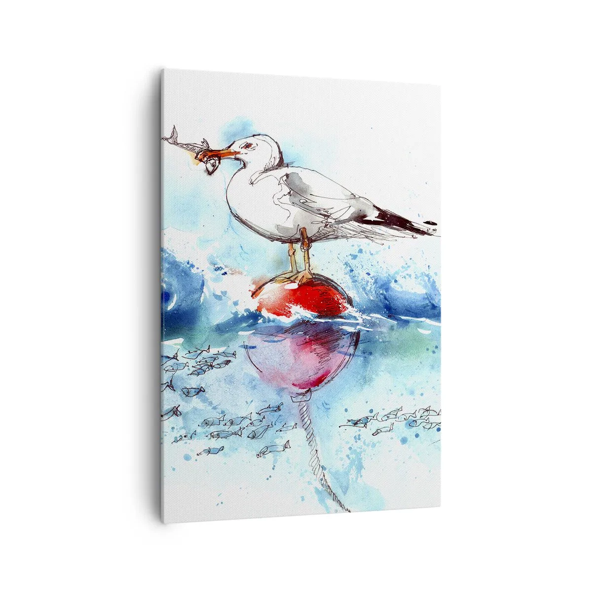 Bild auf Leinwand - Leinwandbild - Möwe auf einer Boje mit Fischen im Hintergrund im Aquarellstil - 70x100cm - Erfolgreicher Fang - Moderne Wanddekoration für Wohnzimmer und Schlafzimmer ARTTOR