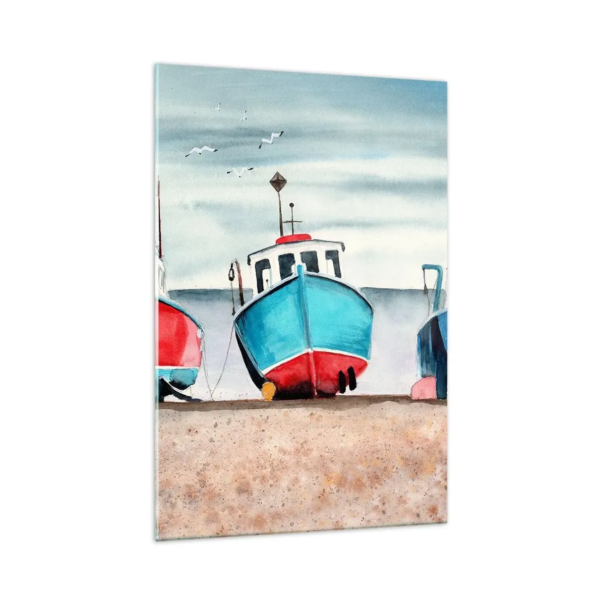 Glasbild - Bild auf glas - Bunte Fischerboote am Ufer in einer Meereslandschaft - 70x100cm - Bereit zum Fang - Moderne Wanddekoration für Wohnzimmer und Schlafzimmer ARTTOR