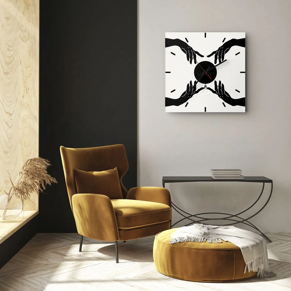 Wanduhr - Glasuhr - Schwarze Hände in einer symmetrischen Komposition mit einer Kugel - 30x30cm - Geheimes Zeichen - Moderne Wanddekoration für Wohnzimmer und Schlafzimmer ARTTOR