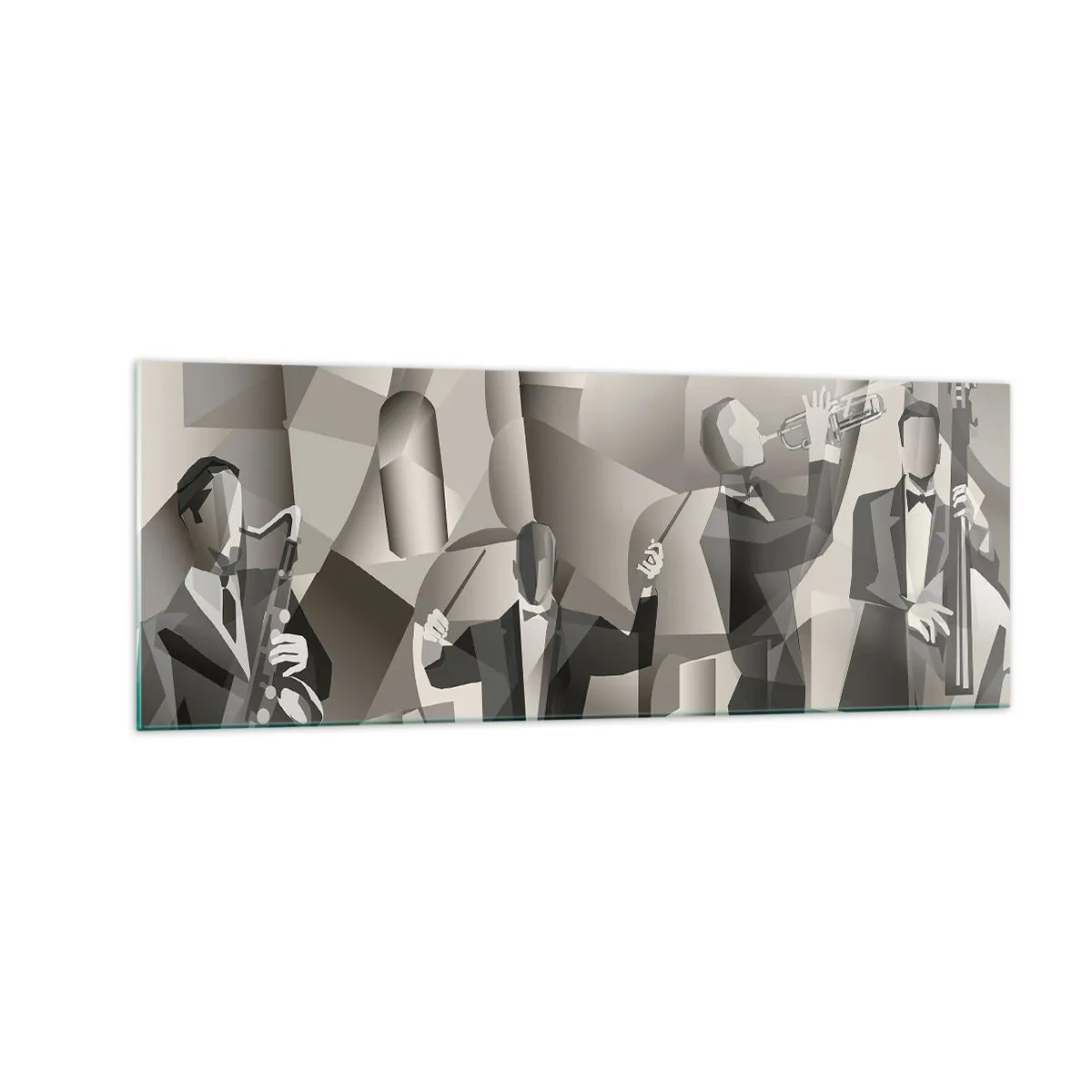 Glasbild - Bild auf glas - Abstrakte Szene mit Jazzmusikern in Grautönen. - 140x50cm - Im Raum der Klänge - Moderne Wanddekoration für Wohnzimmer und Schlafzimmer ARTTOR