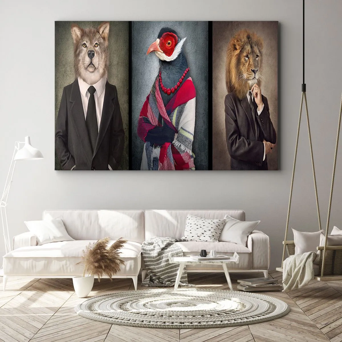 Bild auf Leinwand - Leinwandbild - Stilisierte Porträts eines Wolfes, eines Fasans und eines Löwen in eleganter Kleidung - 70x50cm - Was mache ich hier?! - Moderne Wanddekoration für Wohnzimmer und Schlafzimmer ARTTOR