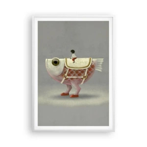 Poster in einem weißen Rahmen - Reiter auf einem surrealen Fisch - 70x100 cm