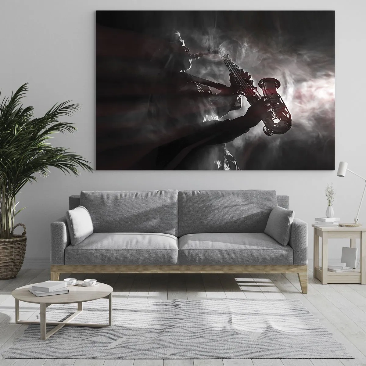 Glasbild - Bild auf glas - Saxophonist in einer Rauchwolke in Schwarz und Weiß - 120x80cm - In den Dämpfen des Jazz - Moderne Wanddekoration für Wohnzimmer und Schlafzimmer ARTTOR