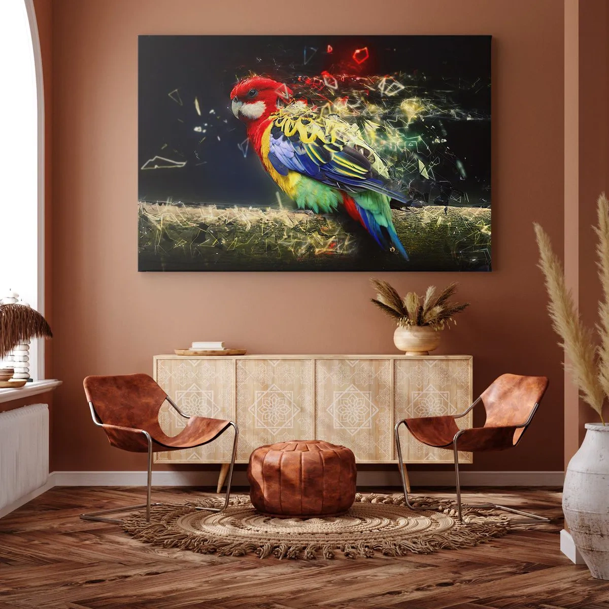 Bild auf Leinwand - Leinwandbild - Ein Papagei in leuchtenden Farben vor einem Hintergrund aus Lichteffekten - 100x70cm - Botschafter des Strahlens - Moderne Wanddekoration für Wohnzimmer und Schlafzimmer ARTTOR
