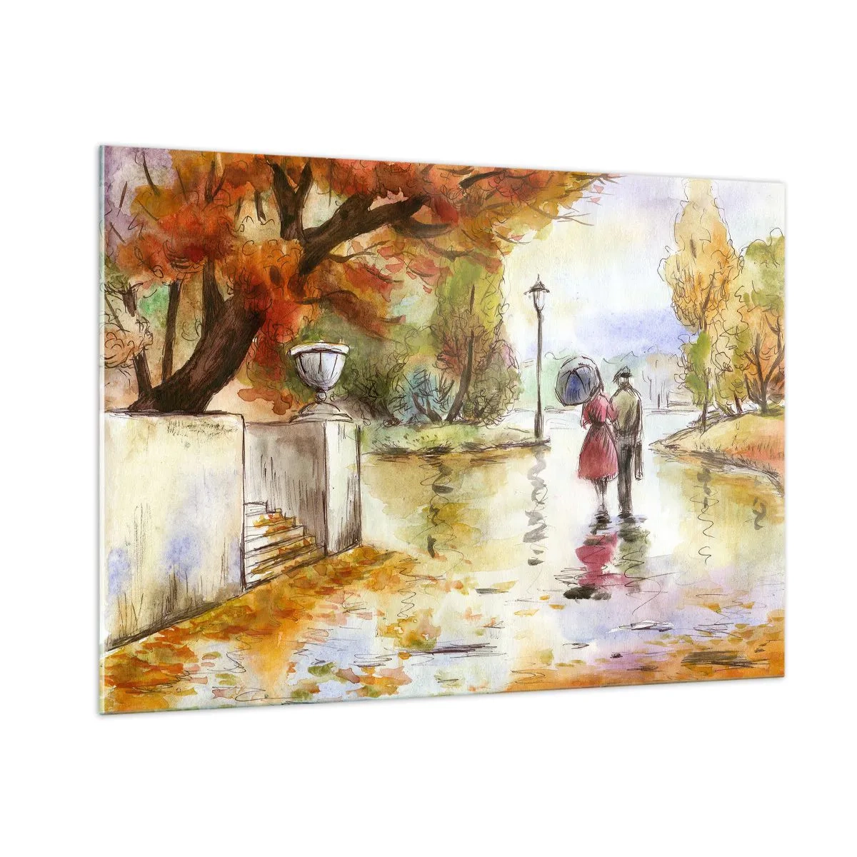 Glasbild - Bild auf glas - Herbstspaziergang eines Paares durch einen Park mit bunten Blättern - 100x70cm - Romantischer Herbst im Park - Moderne Wanddekoration für Wohnzimmer und Schlafzimmer ARTTOR