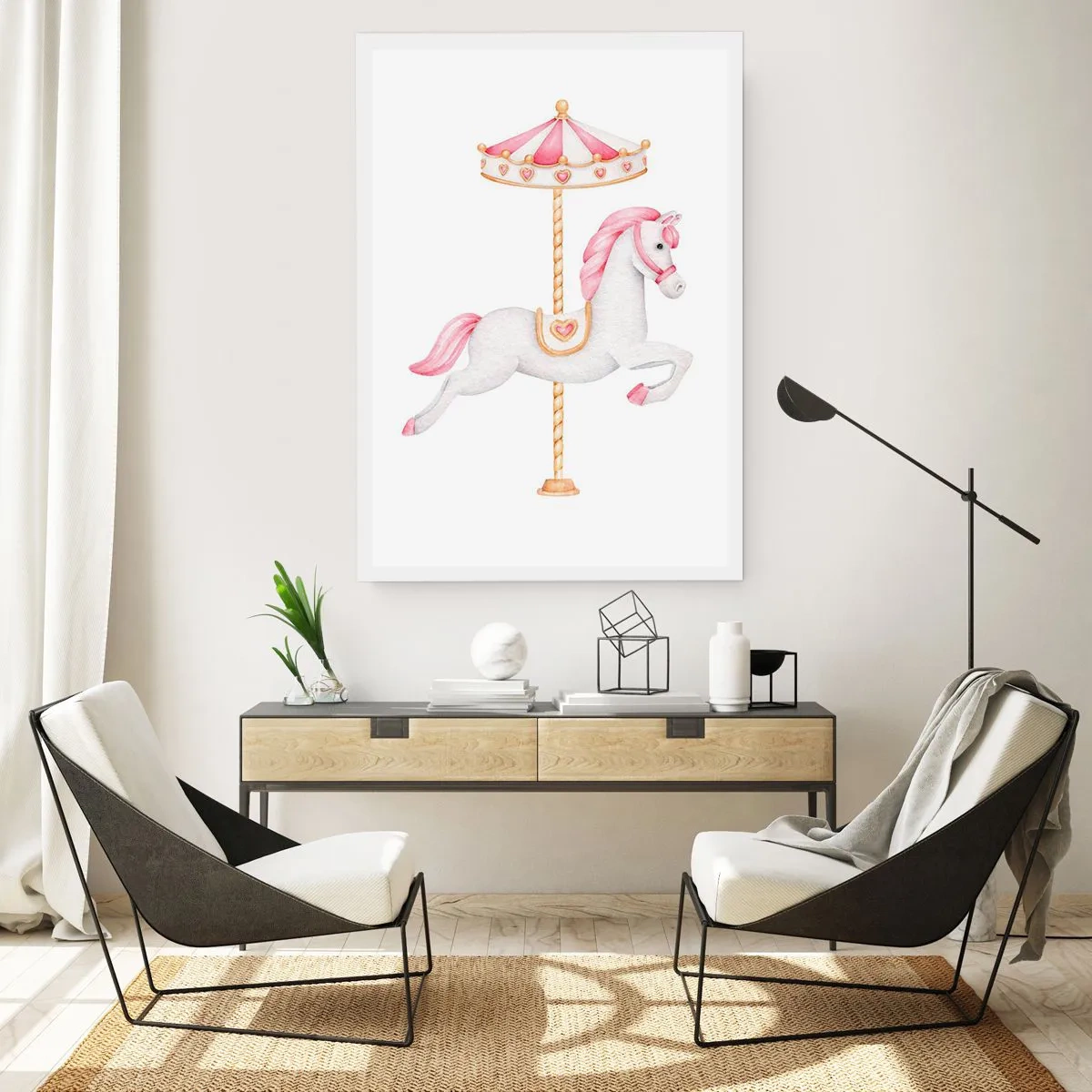 Poster - Ein charmantes weißes Pferd auf einem Karussell in Pastellfarben - 50x70cm - Er legte los - Moderne Wanddekoration für Wohnzimmer und Schlafzimmer ARTTOR