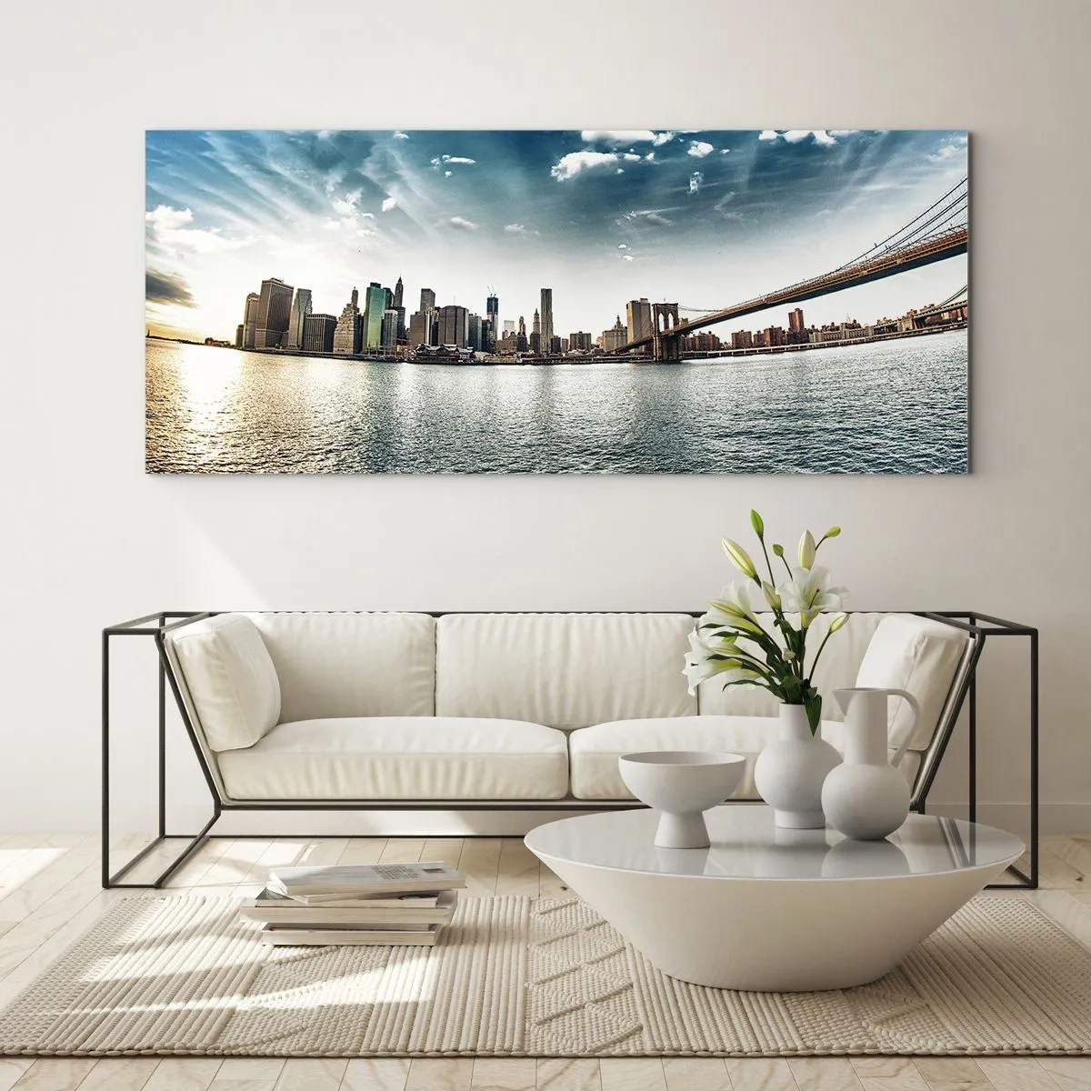 Glasbild - Bild auf glas - Panorama der Stadt mit einer Brücke vor dem blauen Himmel - 140x50cm - Glasinsel - Moderne Wanddekoration für Wohnzimmer und Schlafzimmer ARTTOR