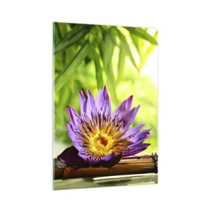 Glasbild - Bild auf glas - Lila Lotusblume auf einem Bambusbrett mit grünem Hintergrund - 50x70cm - In der asiatischen Sonne - Moderne Wanddekoration für Wohnzimmer und Schlafzimmer ARTTOR