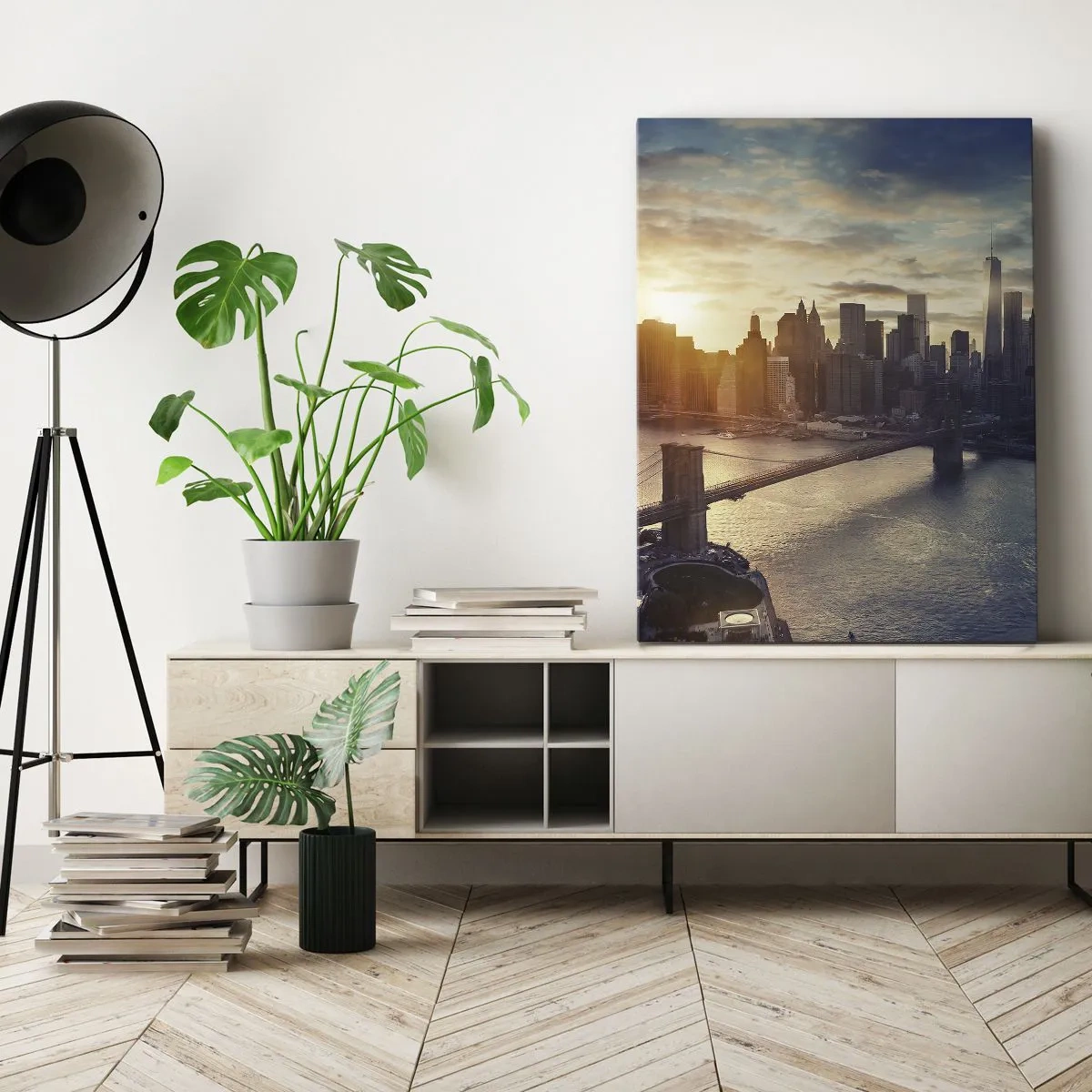 Bild auf Leinwand - Leinwandbild - Panorama der Stadt mit der Brücke und dem Fluss im Licht der untergehenden Sonne - 70x100cm - Westliches Kulturdenkmal - Moderne Wanddekoration für Wohnzimmer und Schlafzimmer ARTTOR