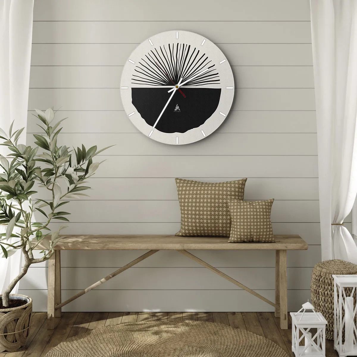 Wanduhr - Glasuhr - Ein schwarzes Fächermotiv auf hellem Hintergrund im minimalistischen Stil - 30x30cm - Eine Reihe von Möglichkeiten - Moderne Wanddekoration für Wohnzimmer, Küche und Schlafzimmer ARTTOR