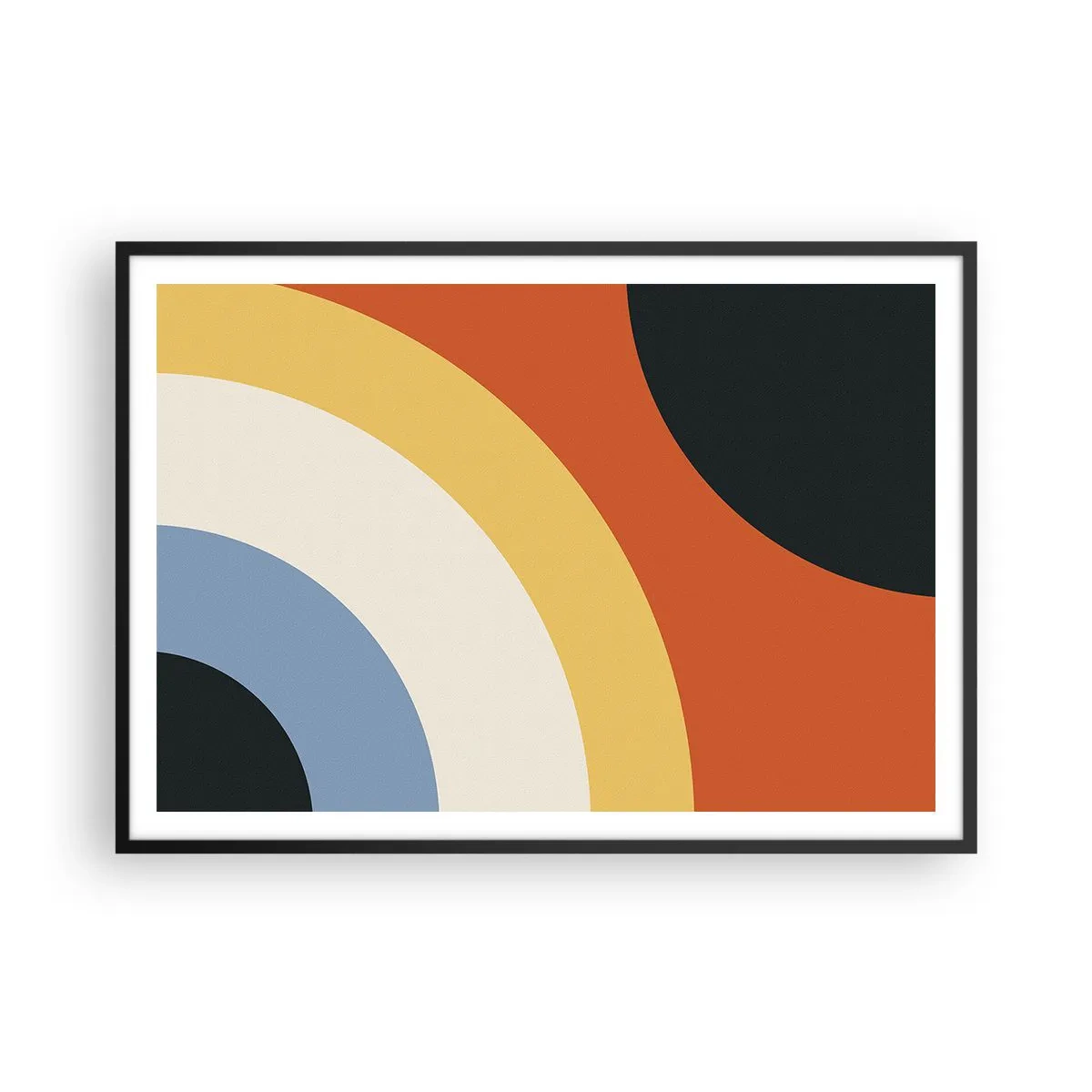 Poster in einem schwarzem Rahmen - Abstraktes Kunstwerk mit bunten Bögen und kontrastierenden Kreisen - 100x70cm - Zu mir selbst - Moderne Wanddekoration für Wohnzimmer und Schlafzimmer ARTTOR