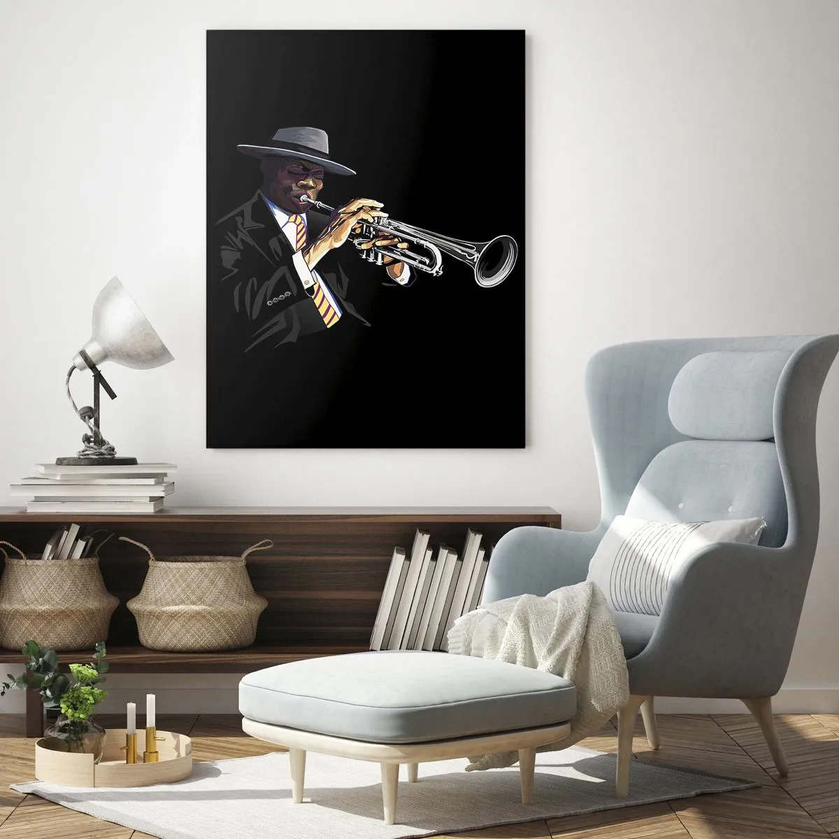 Glasbild - Bild auf glas - Ein schwarzer Musiker mit Trompete und Hut auf schwarzem Hintergrund - 50x70cm - Charme der alten Schule - Moderne Wanddekoration für Wohnzimmer und Schlafzimmer ARTTOR