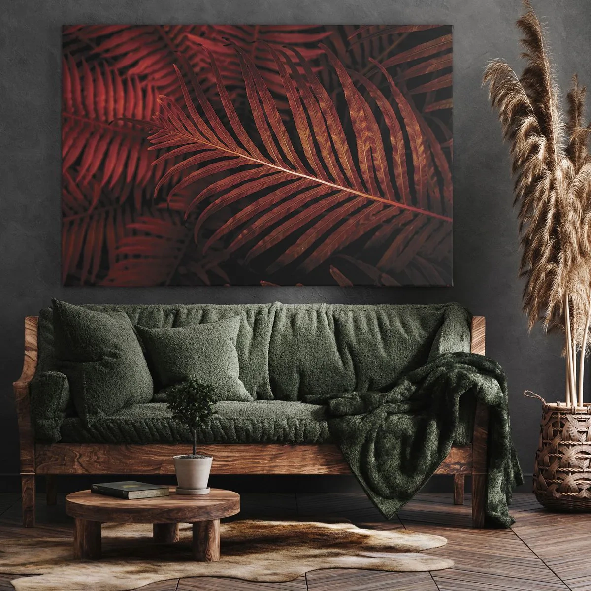 Bild auf Leinwand - Leinwandbild - Nahaufnahme von roten tropischen Blättern - 70x50cm - Die Hitze des Lebens - Moderne Wanddekoration für Wohnzimmer und Schlafzimmer ARTTOR