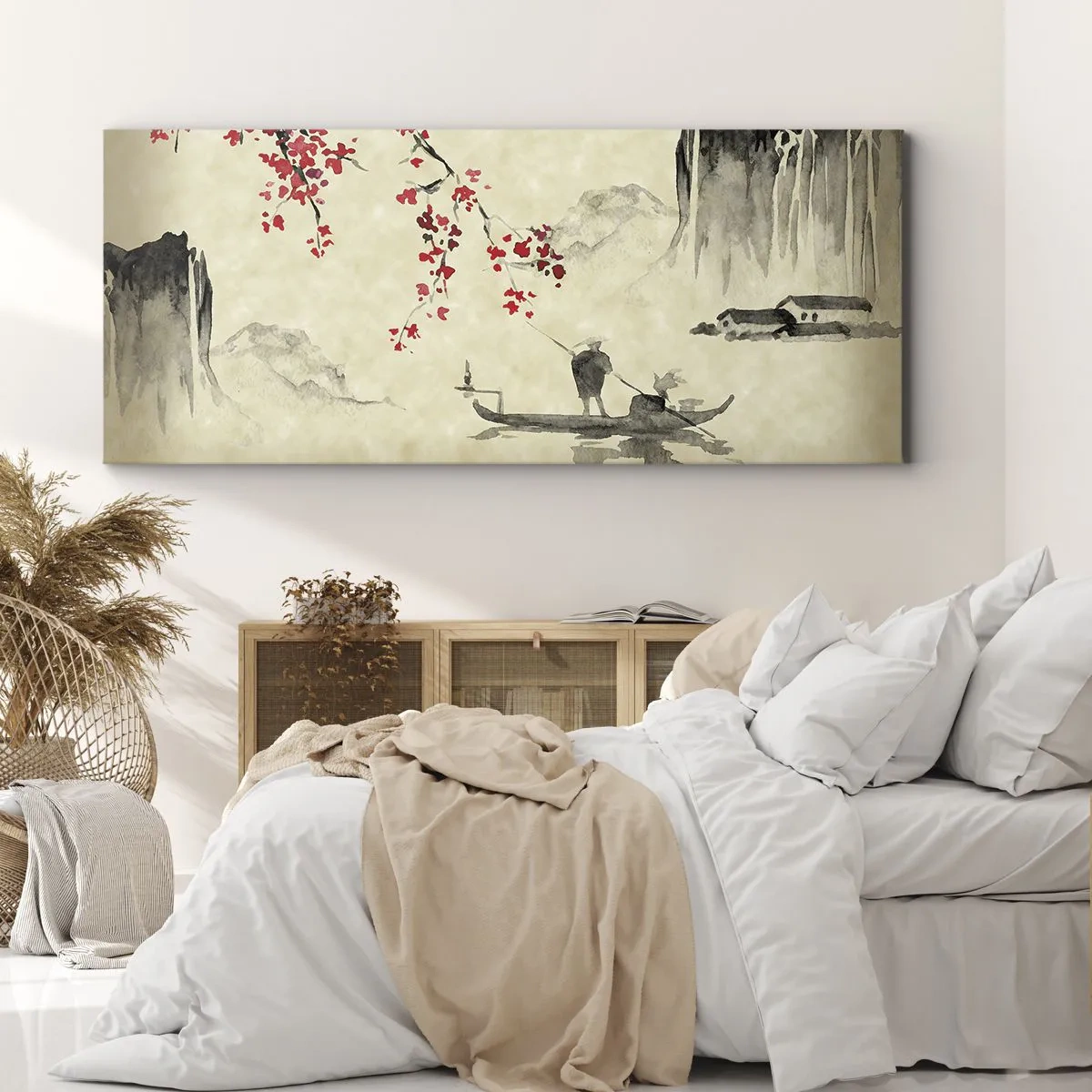Bild auf Leinwand - Leinwandbild - Orientalische Illustration mit einem Boot und einem blühenden Zweig - 140x50cm - Im Land der blühenden Kirschbäume - Moderne Wanddekoration für Wohnzimmer und Schlafzimmer ARTTOR