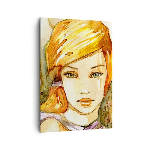 Bild auf Leinwand - Leinwandbild - Porträt einer Frau in Aquarellfarben mit intensivem Blick - 50x70cm - Ein smaragdgrüner Look, der die Wut beruhigt - Moderne Wanddekoration für Wohnzimmer und Schlafzimmer ARTTOR