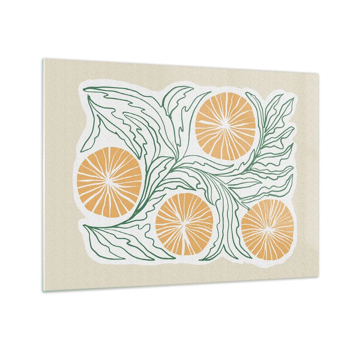 Glasbild - Bild auf glas - Orangefarbene Früchte und grüne Blätter in einer grafischen Komposition - 70x50cm - Ethnisch mit einem Hauch von Abstraktion - Moderne Wanddekoration für Wohnzimmer und Schlafzimmer ARTTOR