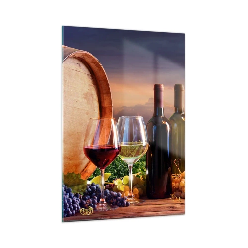 Glasbild - Bild auf glas - Weinreben, ein Fass und Gläser vor der Kulisse der untergehenden Sonne - 50x70cm - Hier schmeckt das Leben - Moderne Wanddekoration für Wohnzimmer und Schlafzimmer ARTTOR