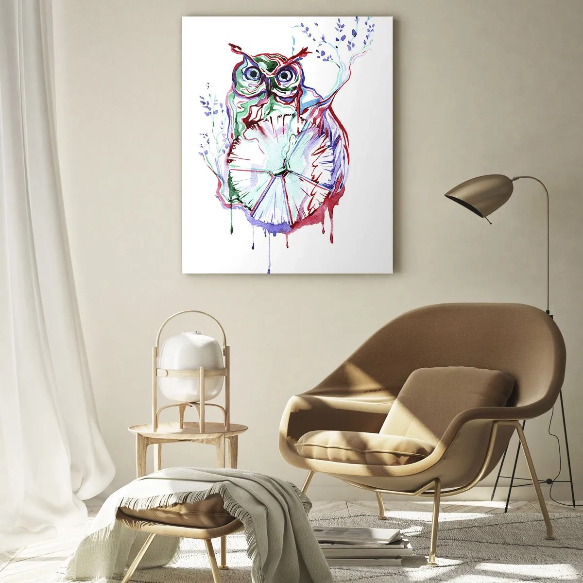 Glasbild - Bild auf glas - Bunte Aquarell-Eule im künstlerischen Stil - 80x120cm - Von Natur aus klug - Moderne Wanddekoration für Wohnzimmer und Schlafzimmer ARTTOR
