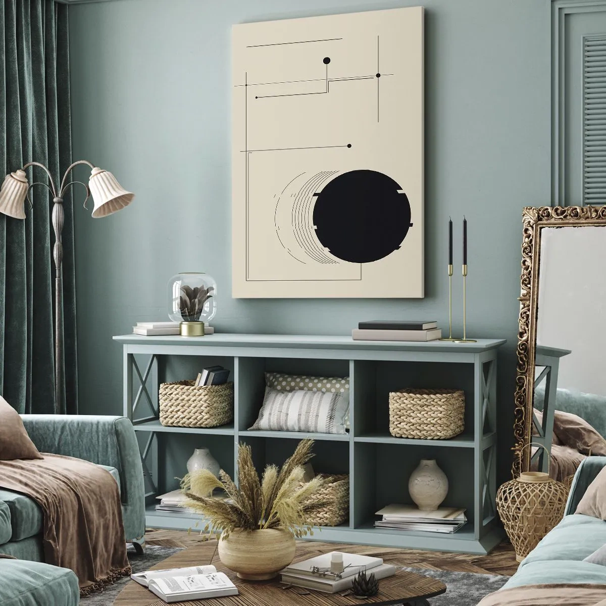Bild auf Leinwand - Leinwandbild - Schwarze geometrische Linien und ein Kreis auf beigem Hintergrund - 50x70cm - Flexible und dynamische Komposition - Moderne Wanddekoration für Wohnzimmer und Schlafzimmer ARTTOR