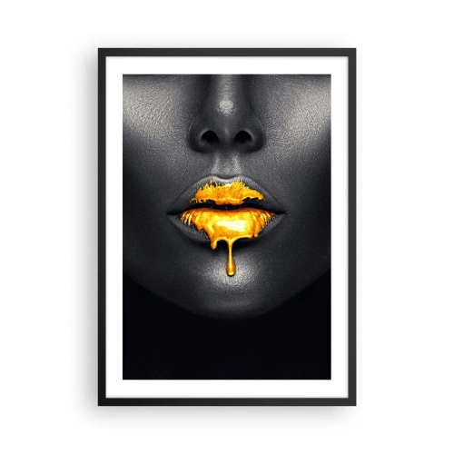 Poster in einem schwarzem Rahmen - Schwarzes Frauengesicht mit orangefarbener Farbe auf den Lippen - 50x70cm - Goldmaul - Moderne Wanddekoration für Wohnzimmer und Schlafzimmer ARTTOR