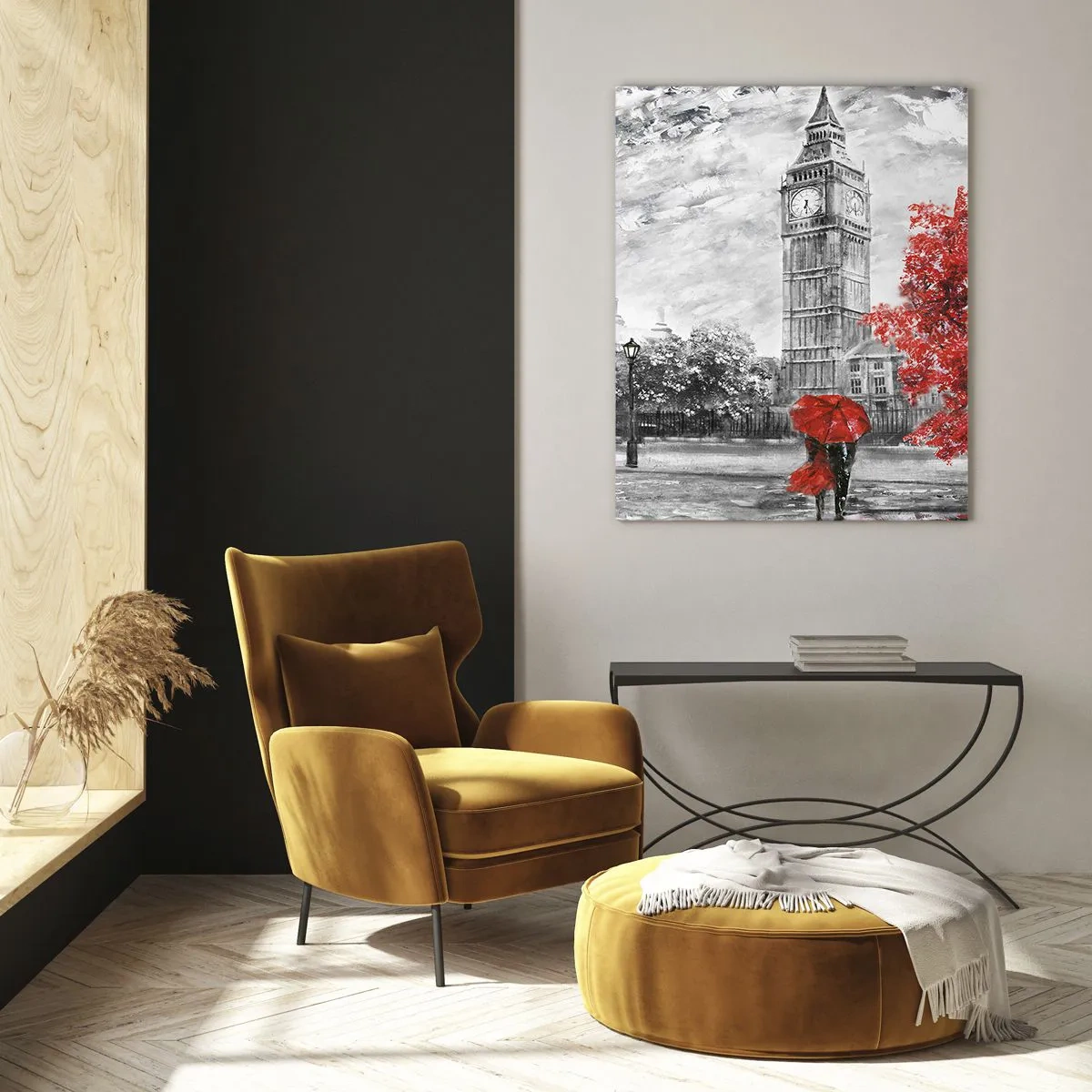 Glasbild - Bild auf glas - Big Ben mit einem roten Bus und Regenschirm vor einer Kulisse aus Herbstbäumen - 50x70cm - Ein aufregender Tag - Moderne Wanddekoration für Wohnzimmer und Schlafzimmer ARTTOR