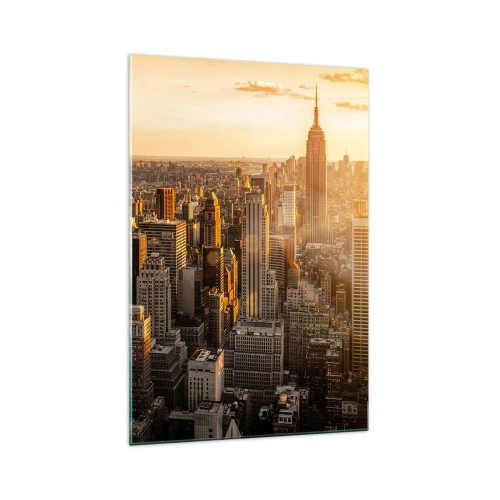 Glasbild - Bild auf glas - Skyline von New York City bei Sonnenuntergang mit Blick auf das Empire State Building - 70x100cm - In der Sonne wachsen - Moderne Wanddekoration für Wohnzimmer und Schlafzimmer ARTTOR