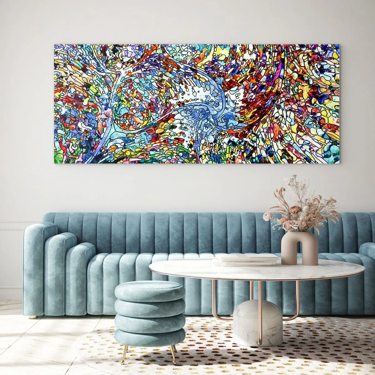 Glasbild - Bild auf glas - Ein farbenfrohes, abstraktes Muster, inspiriert von der Natur - 120x50cm - Glasmalerei Wassertropfen - Moderne Wanddekoration für Wohnzimmer und Schlafzimmer ARTTOR