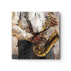 Wanduhr - Glasuhr - Ein Musiker, der Saxophon in einem künstlerischen Stil spielt - 30x30cm - Zeit fürs Solo - Moderne Wanddekoration für Wohnzimmer und Schlafzimmer ARTTOR