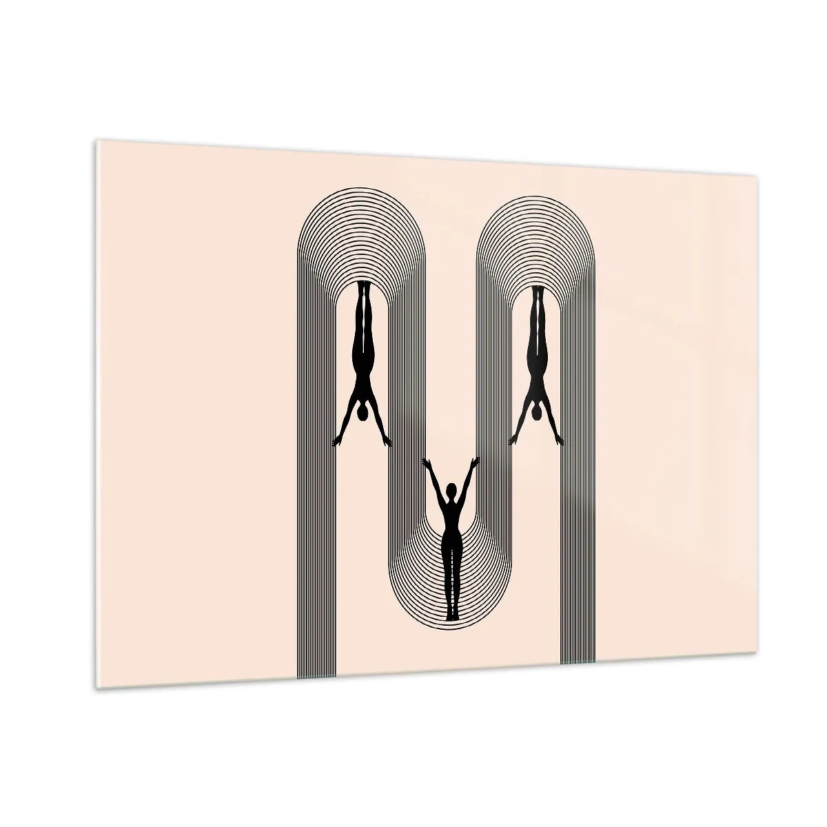 Glasbild - Bild auf glas - Schwarze Silhouetten von Figuren, die in rhythmischen Bögen schweben - 100x70cm - Verkehrt herum - Moderne Wanddekoration für Wohnzimmer und Schlafzimmer ARTTOR