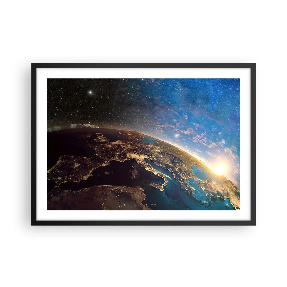 Poster in einem schwarzem Rahmen - Blick auf die Erde aus dem Weltraum bei Sonnenaufgang - 70x50cm - Schauen wir uns aus der Ferne an - Moderne Wanddekoration für Wohnzimmer und Schlafzimmer ARTTOR